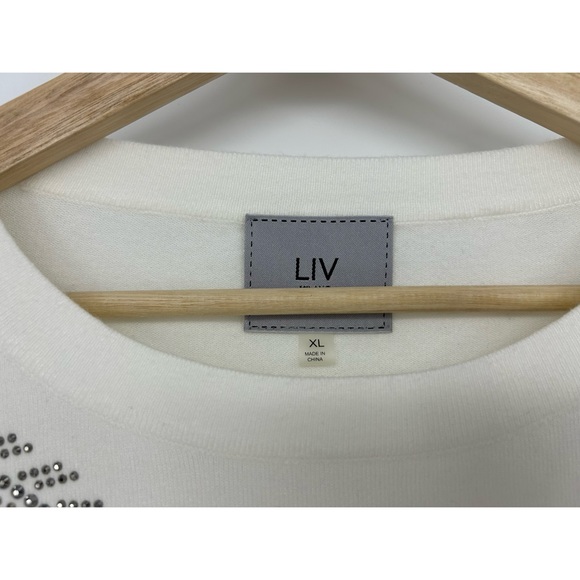 LIV White Leaf Silver Snowflake Rhinestone Motif Sweater - Picture 7 of 7